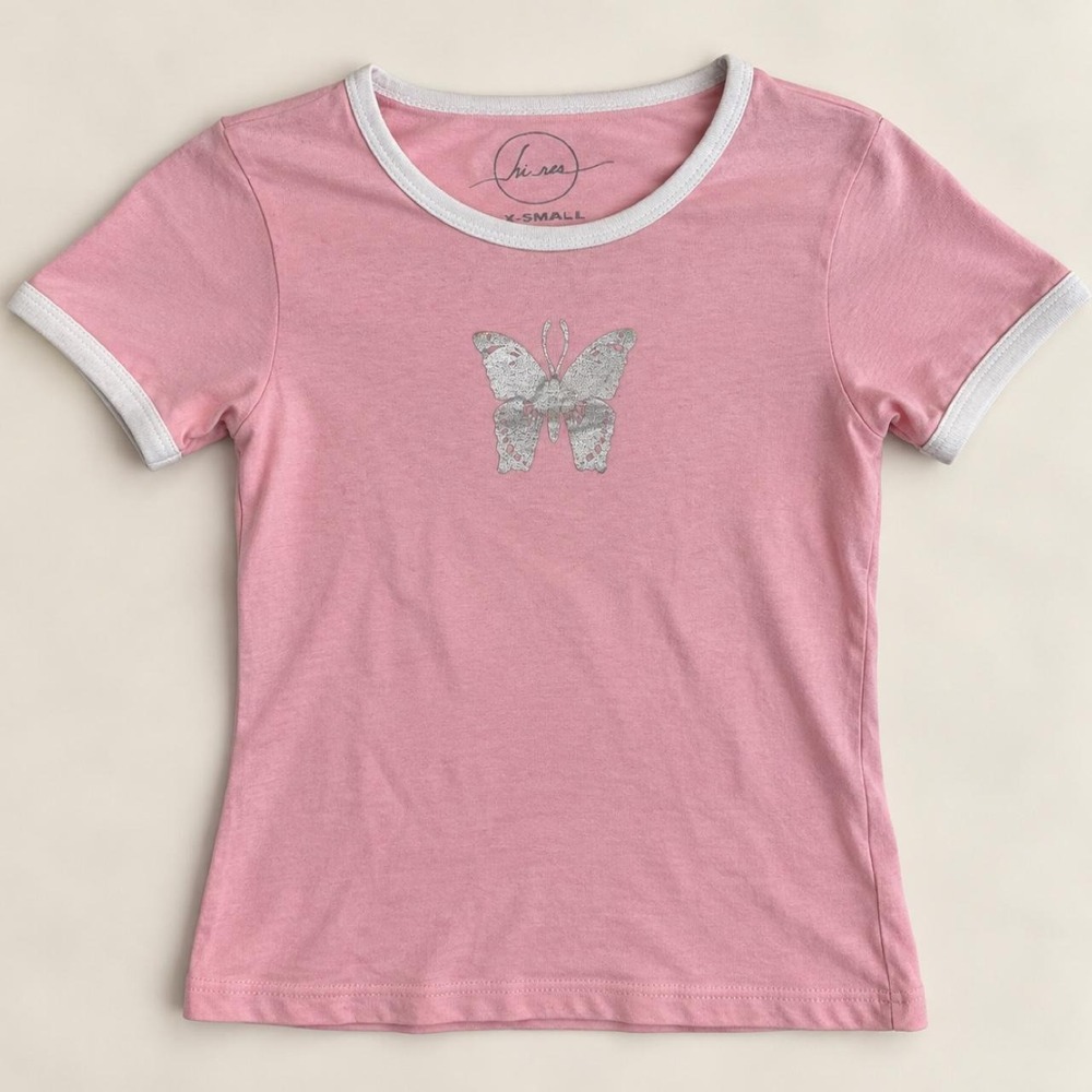 Hines Pink Butterfly Ringer Tee – XS